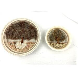 VTG Set of 2 Round Wall Hanging Ceramic Pottery Framed Tree Weaving Loom Decor
